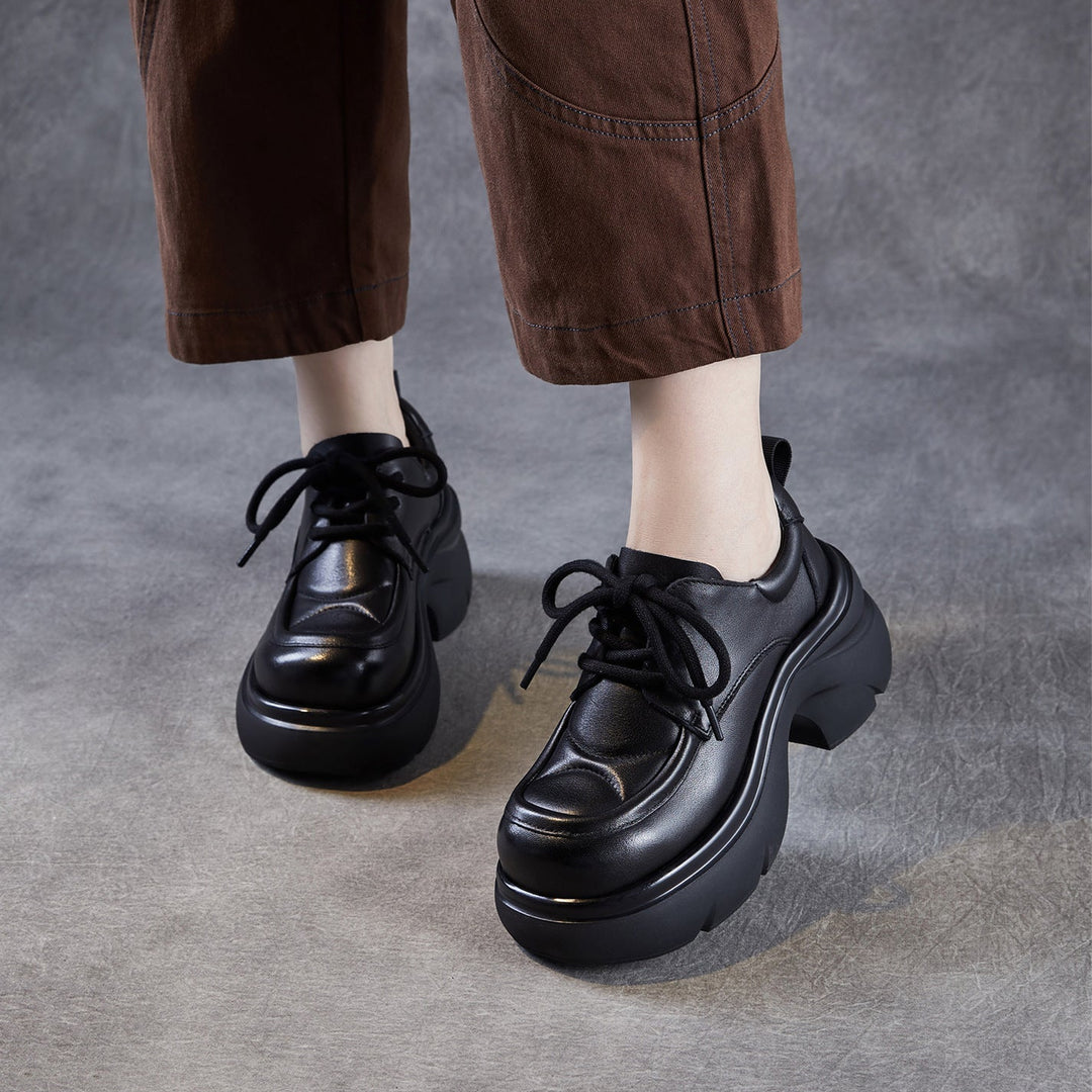 Women's Platform Genuine Leather Oxfords High Chunky Heel Lace Up Casual Shoes