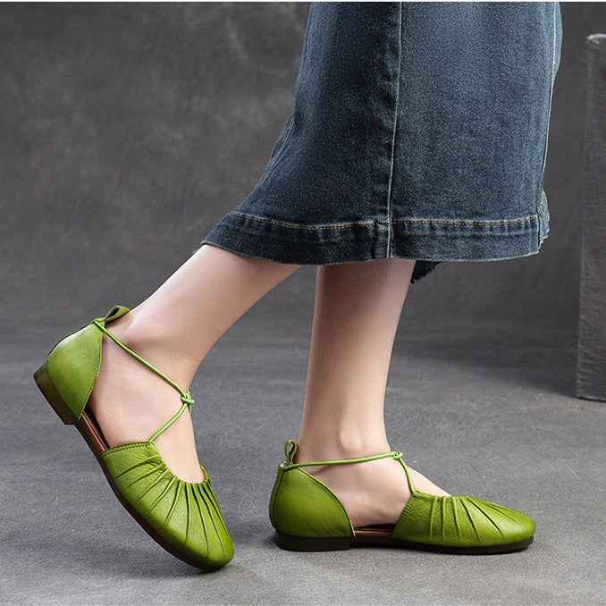 Women's Pleated Cowhide Flats - Summer Breathable Mary Janes - Elastic Cross-Strap