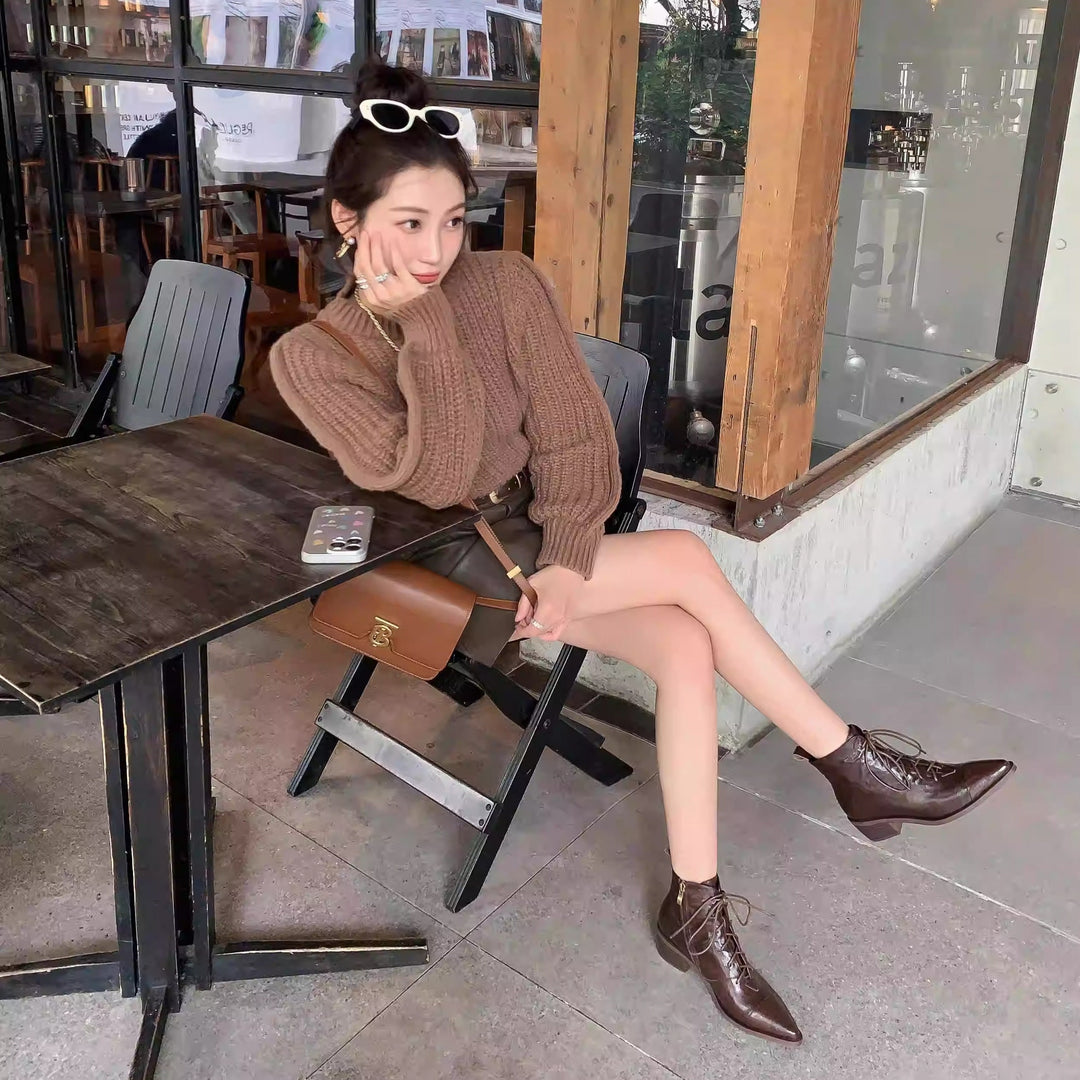 Women's Leather Lace-Up Ankle Boots – Pointed Toe & Block Heel