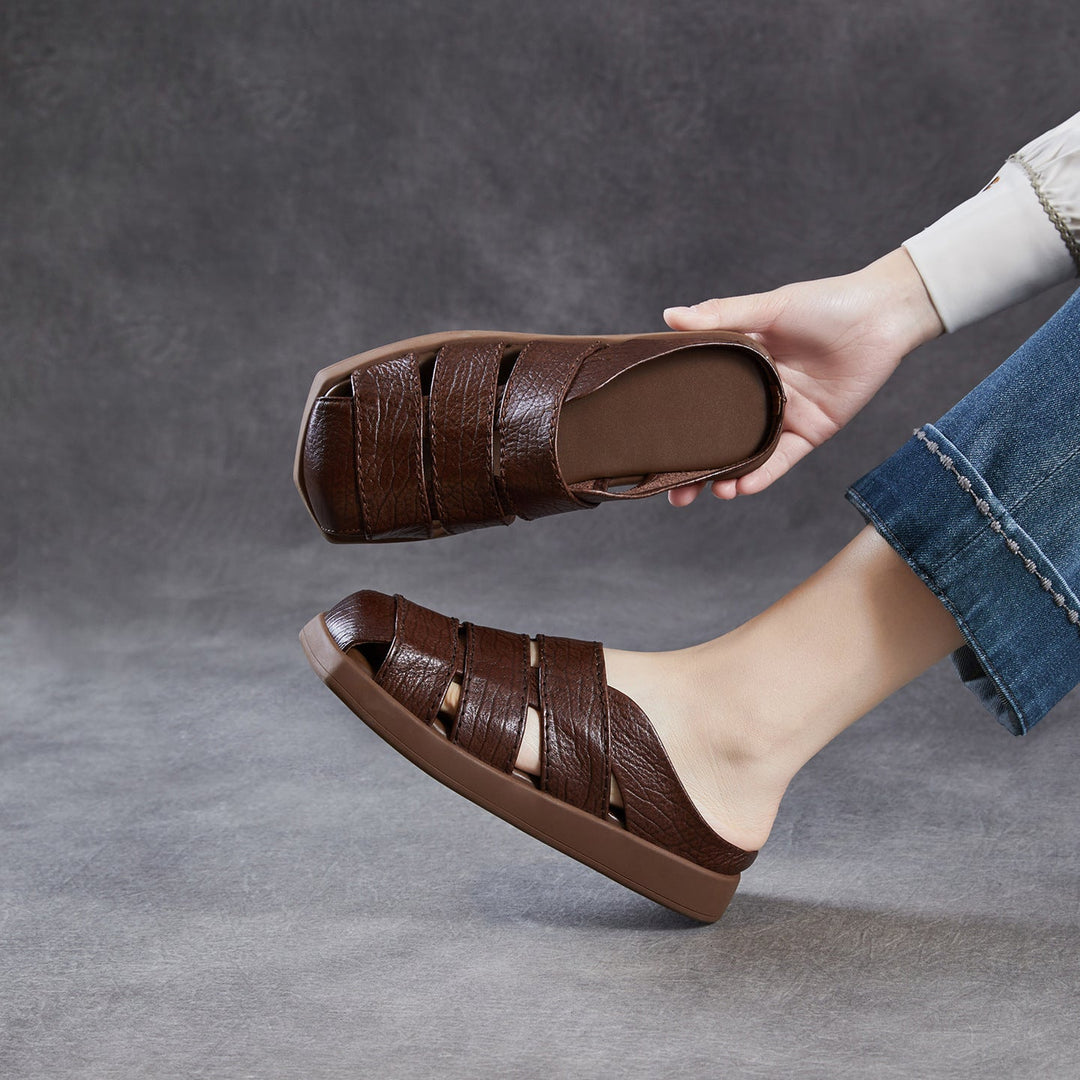 Women's Leather Mules - Multi-Strap Woven Closed Flat Sandals Casual Summer Slip-On Slides