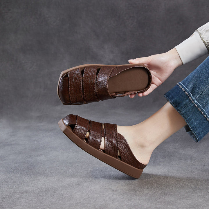 Women's Leather Mules - Multi-Strap Woven Closed Flat Sandals Casual Summer Slip-On Slides