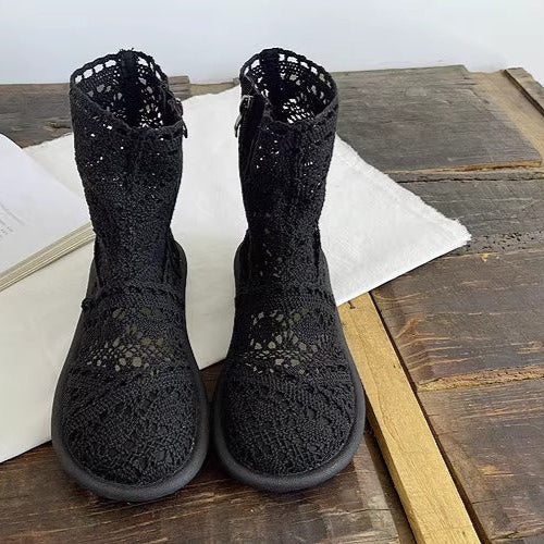 Women's Summer Literary Style Lace Side Zipper Wide Toe Box Short Boots