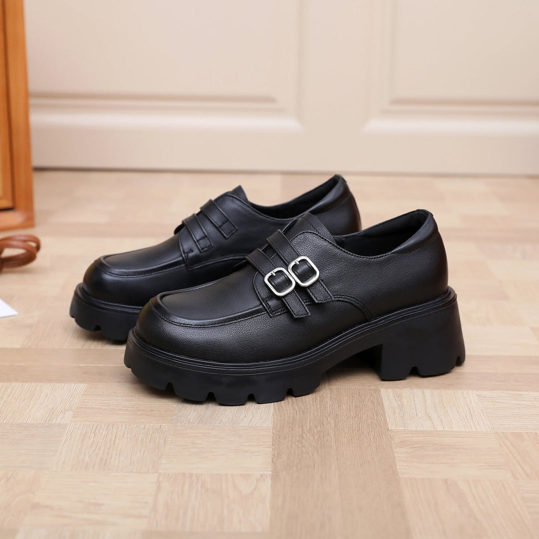 Women's Chunky Platform Loafers - Leather Shoes with EVA Outsole - Double Buckle Detail