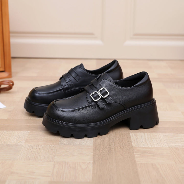 Women's Chunky Platform Loafers - Leather Shoes with EVA Outsole - Double Buckle Detail