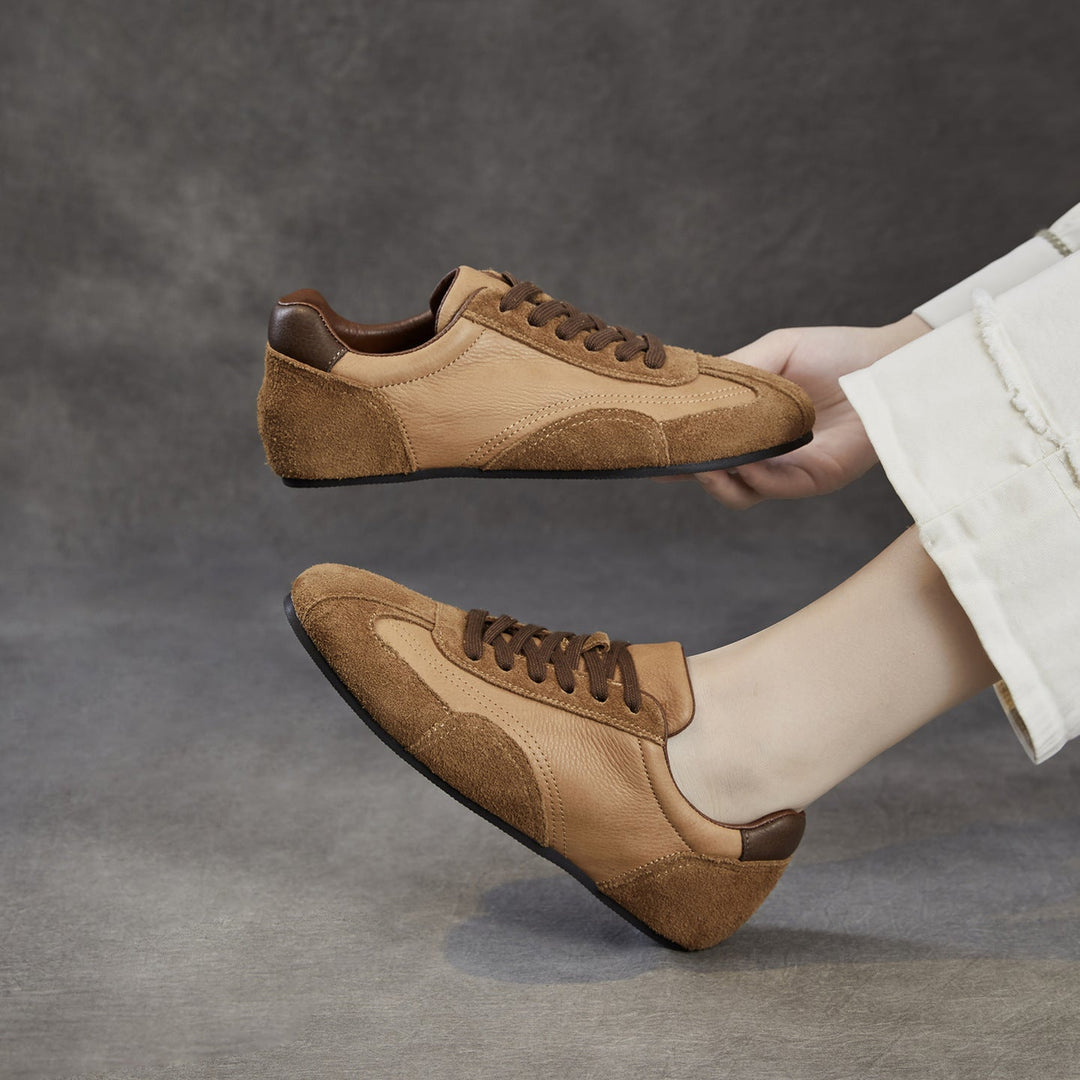 Women's Genuine Leather Retro Sneakers Vintage Lace-up Round Toe Flat Walking Shoes