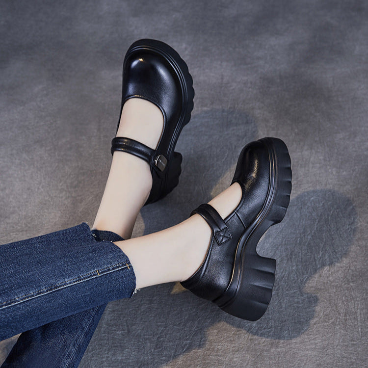 Luxury Leather Mary Janes for Women - Platform Heel with Velcro