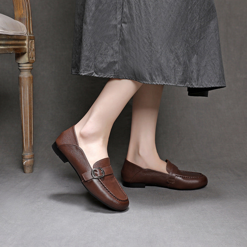Women's Leather Casual Loafers - Soft Step-Down Back Flat Moccasins with Metal Buckle