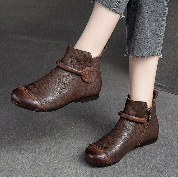 Women's Retro Leather Ankle Boots Vintage Round Toe Velcro Short Booties