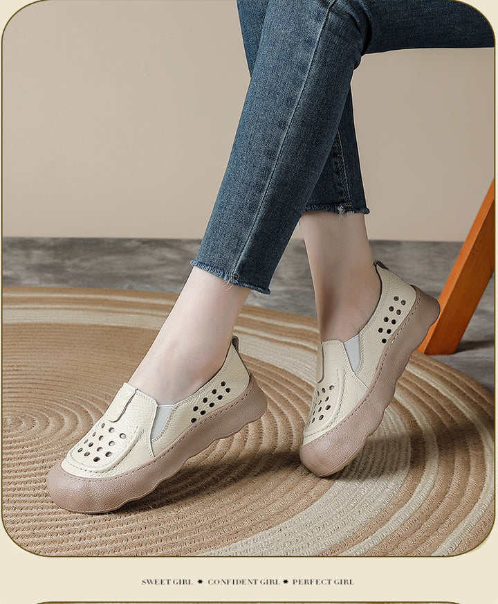 Women's Flats Vintage Hollow-Out Walking Shoes Leather Summer Loafers Retro Slip-On Platform Shoes