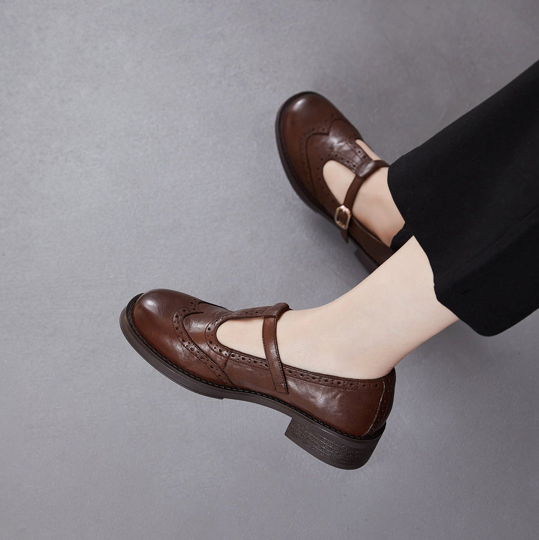 Women's Brogue T-Strap Mary Janes - Unlined Cowhide Leather - Block Heel