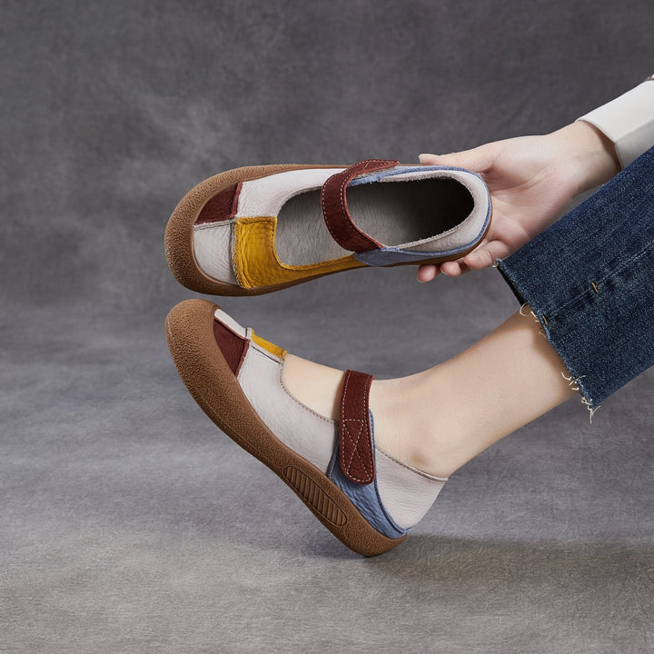 Women’s Leather Colour-Block Mary Jane Flats – Retro Soft Sole Shoes