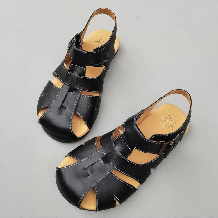 Women's Wide-Fit Leather Sandals – Non-Slip, Comfortable & Casual for Summer