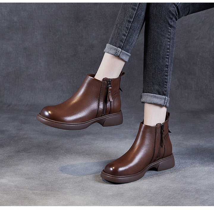 Women's Genuine Leather Casual Ankle Boots – Comfortable Double Zipper Design