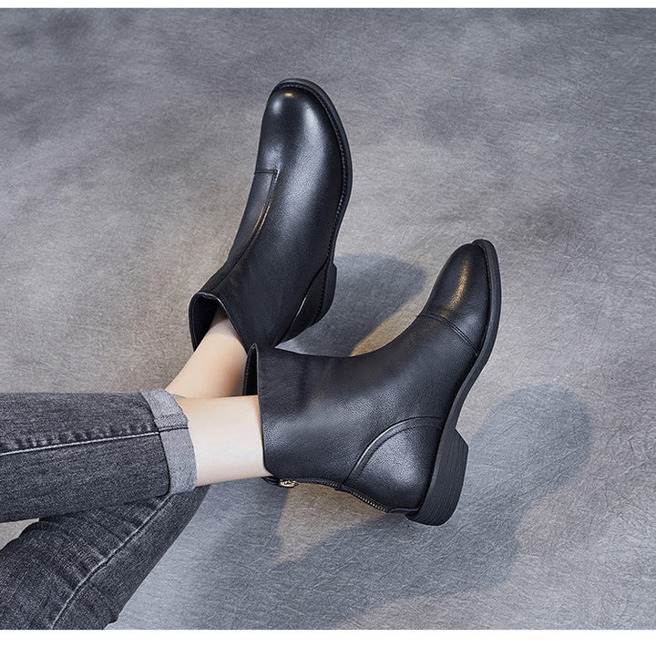 Women's Genuine Leather Short Boots – Minimalist Design with Zipper Closure