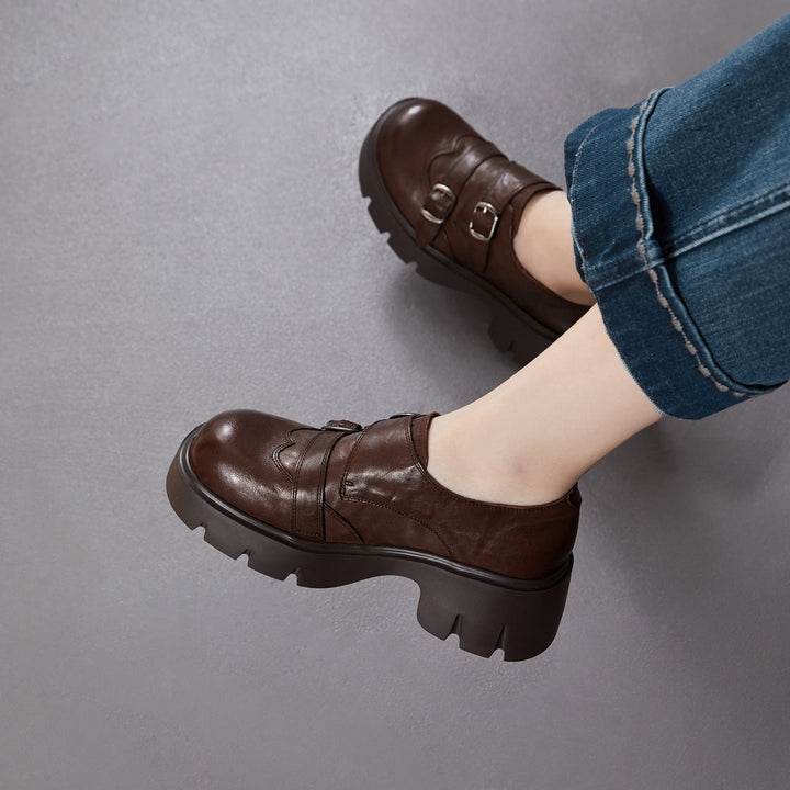 Women’s Retro Round Toe Derby Shoes – British Style Platform Loafers with Buckle