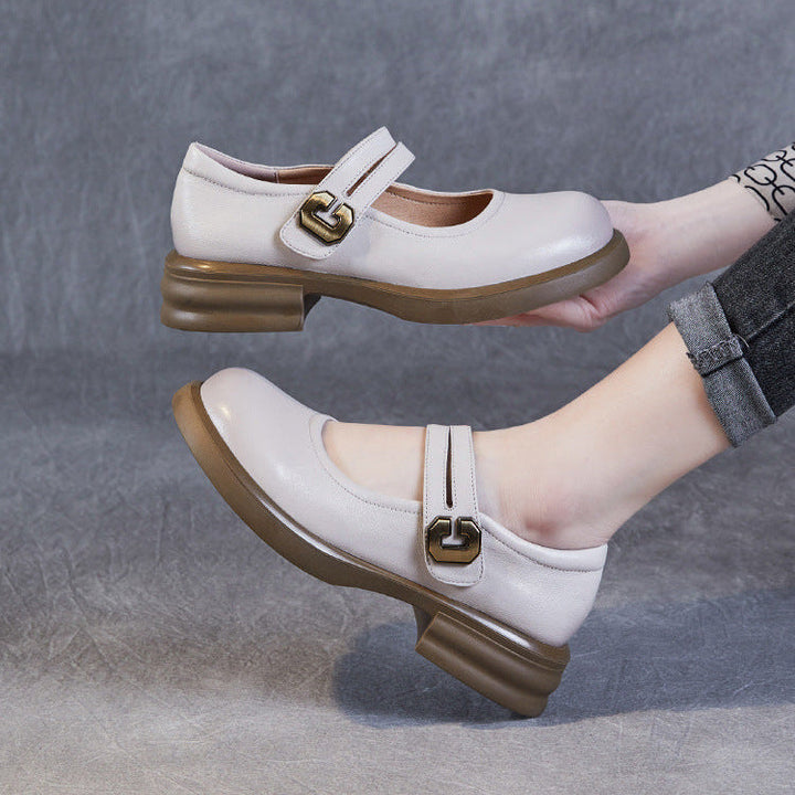 Women's Soft Leather Mary Janes – Round Toe Low Heel with Adjustable Velcro