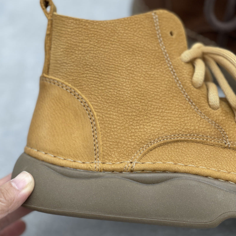 Retro Style Women's Soft Leather Ankle Boots – Platform Lace-Up Short Boots