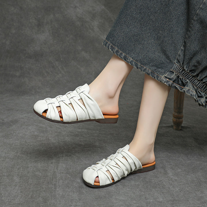 Women's Soft Leather Mules - Ruched Woven Closed Toe Flat Sandals Casual Slip-On Slide Slippers