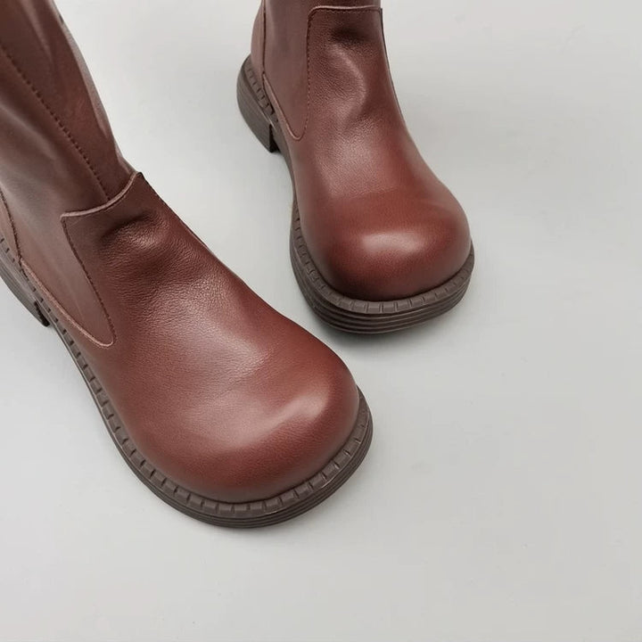 Wide-toe Box Handmade Genuine Leather Women's Mid Calf Boots Black Zipper