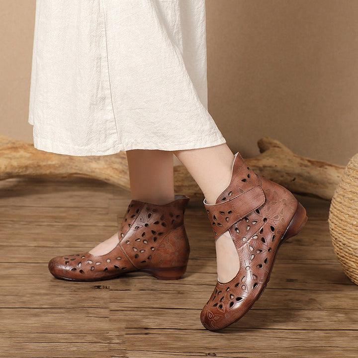 Handmade Leather Cut-Out Sandals - Vintage Bohemian Summer Flats with Adjustable Velcro