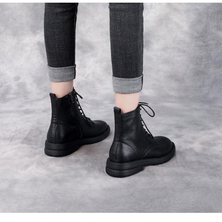 Women's Leather Casual Lace-Up Ankle Boots with Side Zipper Closure