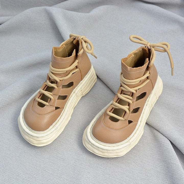 Women's Ugly-Cute Leather Platform Ankle Boots – Cut-Out & Back Zipper