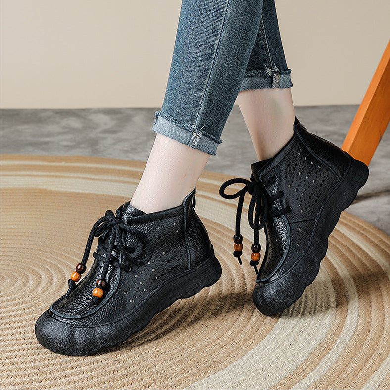 Women's Leather Ankle Sandals Boots Retro Lace-Up Vintage Hollow-Out Casual Summer Flats