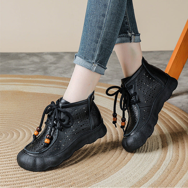 Women's Leather Ankle Sandals Boots Retro Lace-Up Vintage Hollow-Out Casual Summer Flats