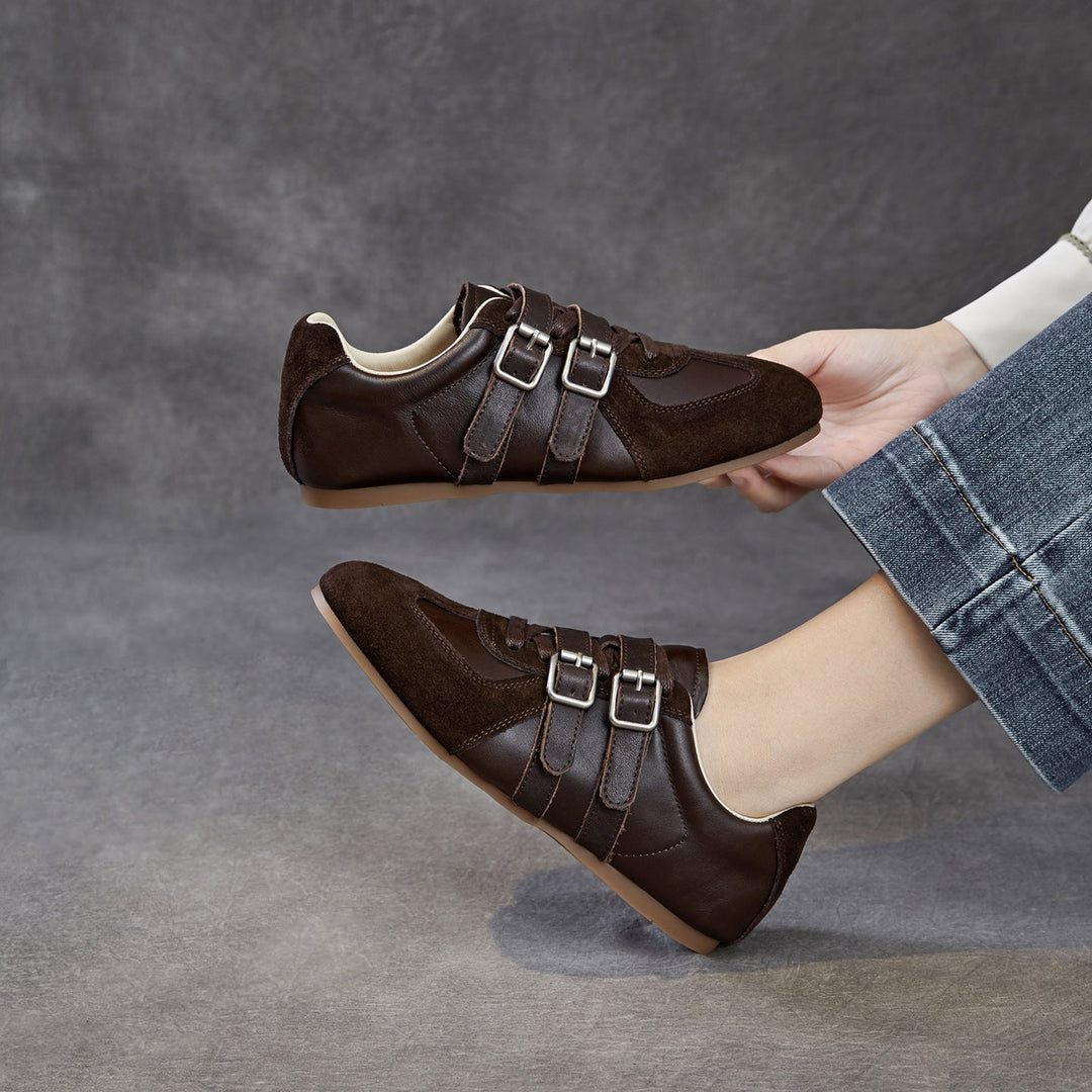 Women's Genuine Leather Double Buckle Strap Sneakers Retro Slip-on Flat Shoes