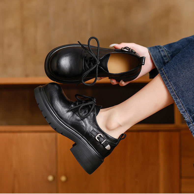 Women's Platform Genuine Leather Oxfords Buckle Lace Up Chunky Heel Shoes