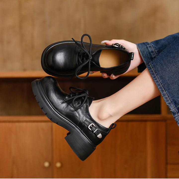 Women's Platform Genuine Leather Oxfords Buckle Lace Up Chunky Heel Shoes