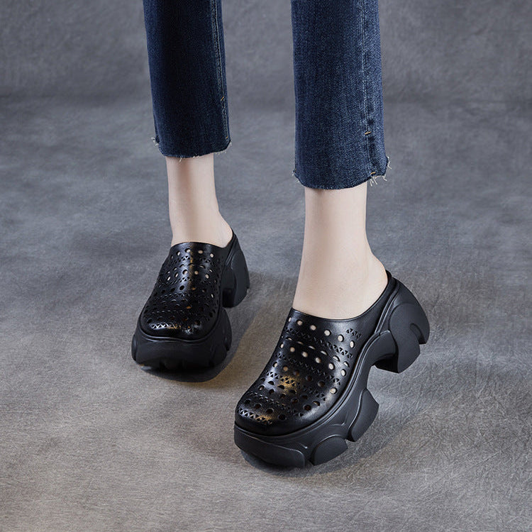 Women's Leather Platform Mules - Hollow Out Perforated Closed Round Toe Chunky Sandals Summer Slides