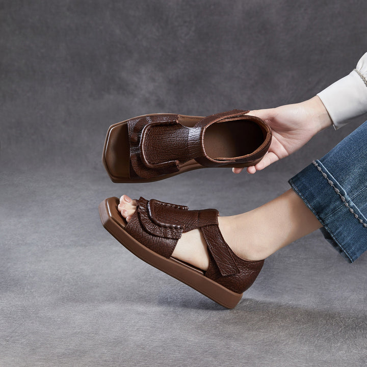 Women's Square Toe Platform Sandals Open Toe Retro Velcro Leather Ruffled Casual Summer Flats
