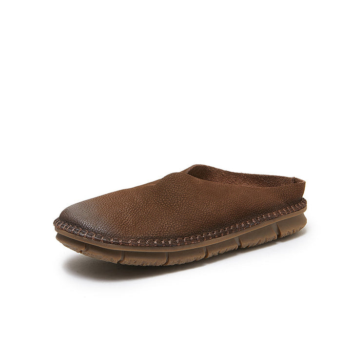 Women's V-Cut Soft Leather Flat Mules – Retro Minimalist Style