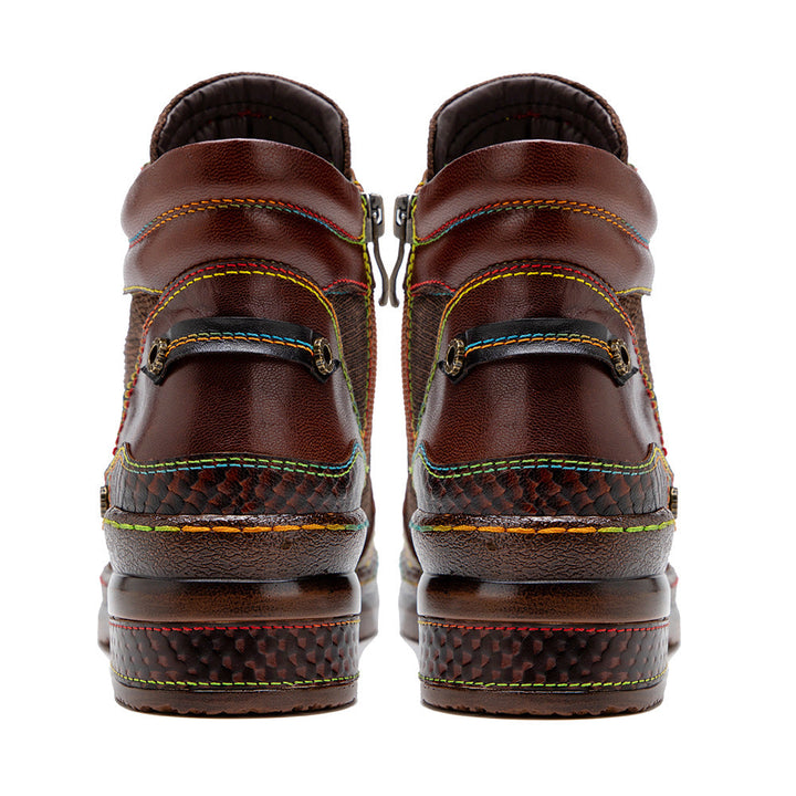 Women's Leather Ankle Boots - Contrast Stitching Flat Lace-up Zipper Boots