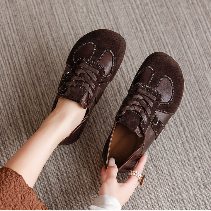 Women's Sheepskin Suede Patchwork Hidden Wedge Sneakers Lace Up Retro Casual Shoes