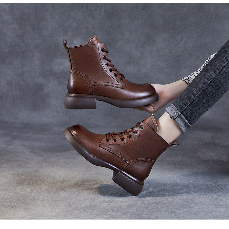 Women's Genuine Leather Lace-Up Side Zip Ankle Boots – Casual & Versatile