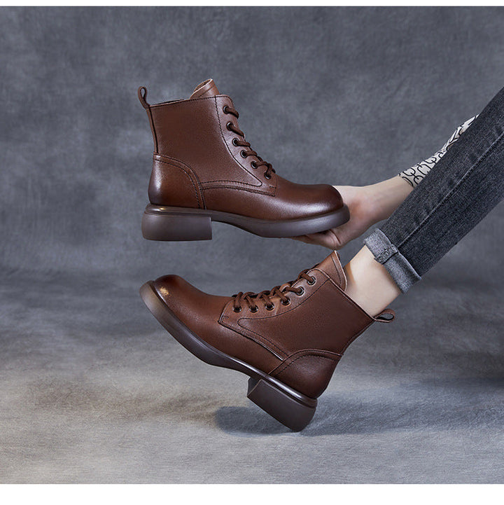 Women's Genuine Leather Lace-Up Side Zip Ankle Boots – Casual & Versatile