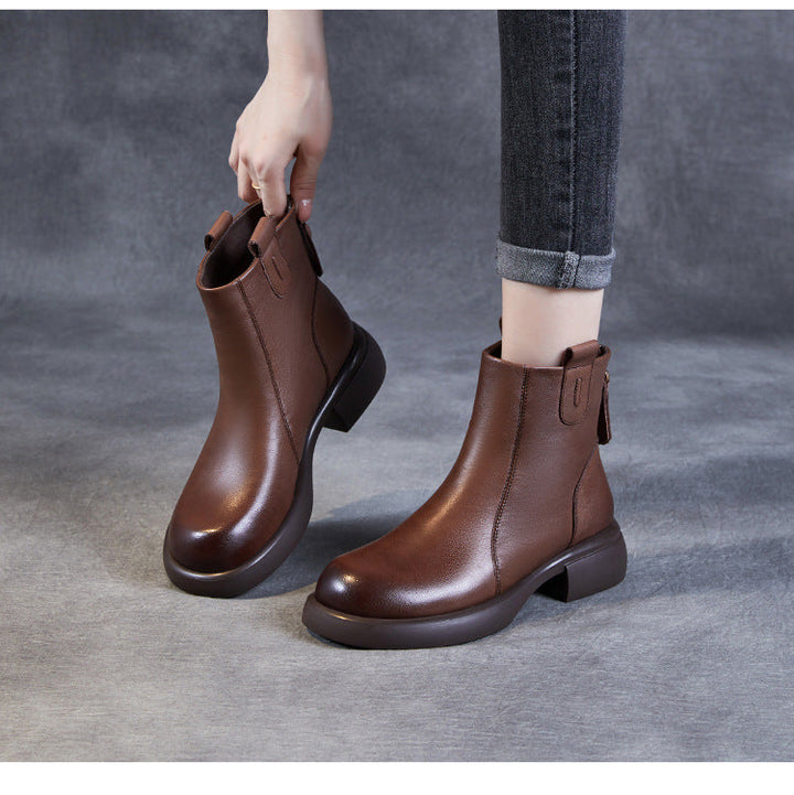 Women's Low Heel Casual Genuine Leather Boots with Back Zipper