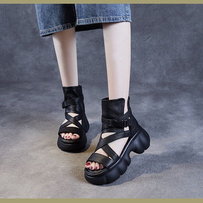Women's Leather Sandals Boot - Platform Chunky High Heel Gladiator Booties, Elastic Strap Open Toe Summer Shoes