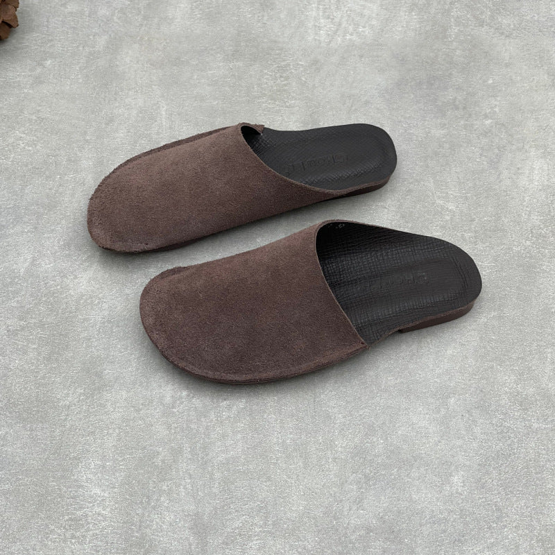 Women's Leather Closed Toe Mules Retro Slip-on Flats Slippers Vintage Slide Summer