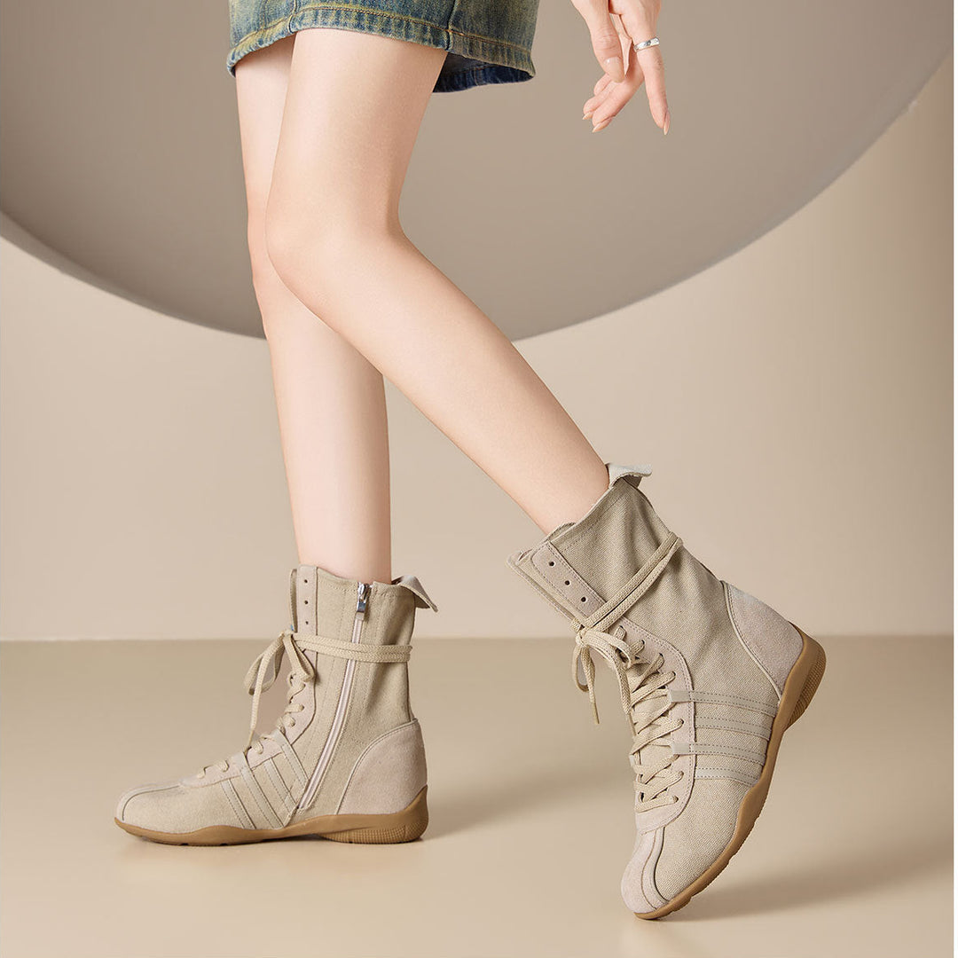 Women's Cow Suede Canvas High Top Sneakers Hidden Wedge Heel Ankle Booties