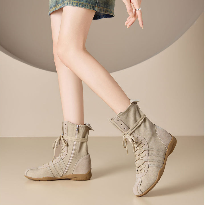 Women's Cow Suede Canvas High Top Sneakers Hidden Wedge Heel Ankle Booties