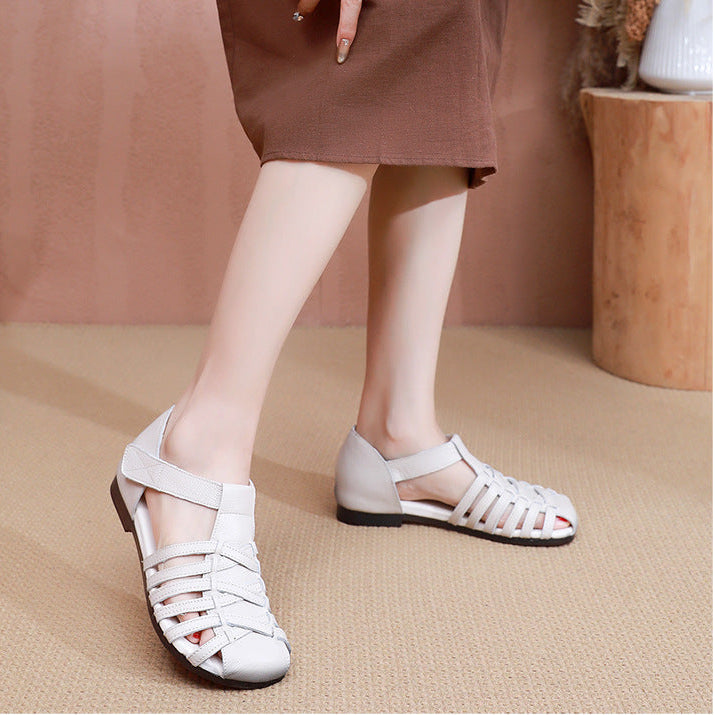 Women's Leather Fisherman Sandals Velcro Woven Summer Hollow-Out Casual Walking Flats