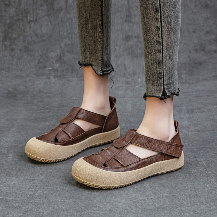 Womens Retro Woven Leather Fisherman Sandals Velcro Closed Toe Platform Walking Shoes