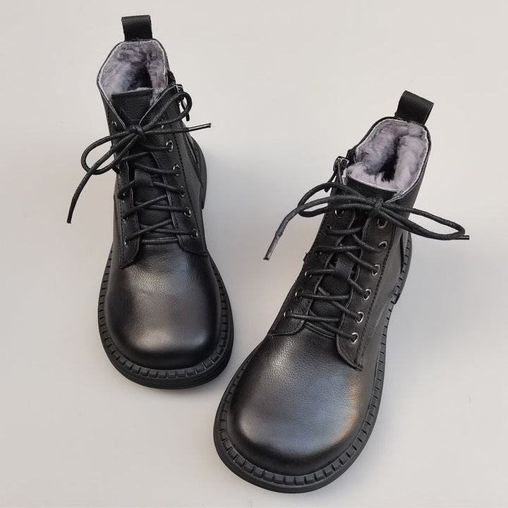 Women's Vintage Wide Toe Leather Shearling Boots – Cozy Winter Ankle Style