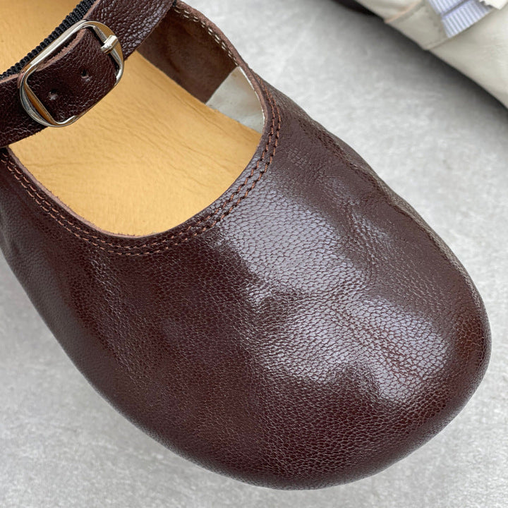 Women’s Handmade Sheepskin Mary Jane Flats – Vintage Round Toe Slip-On Shoes