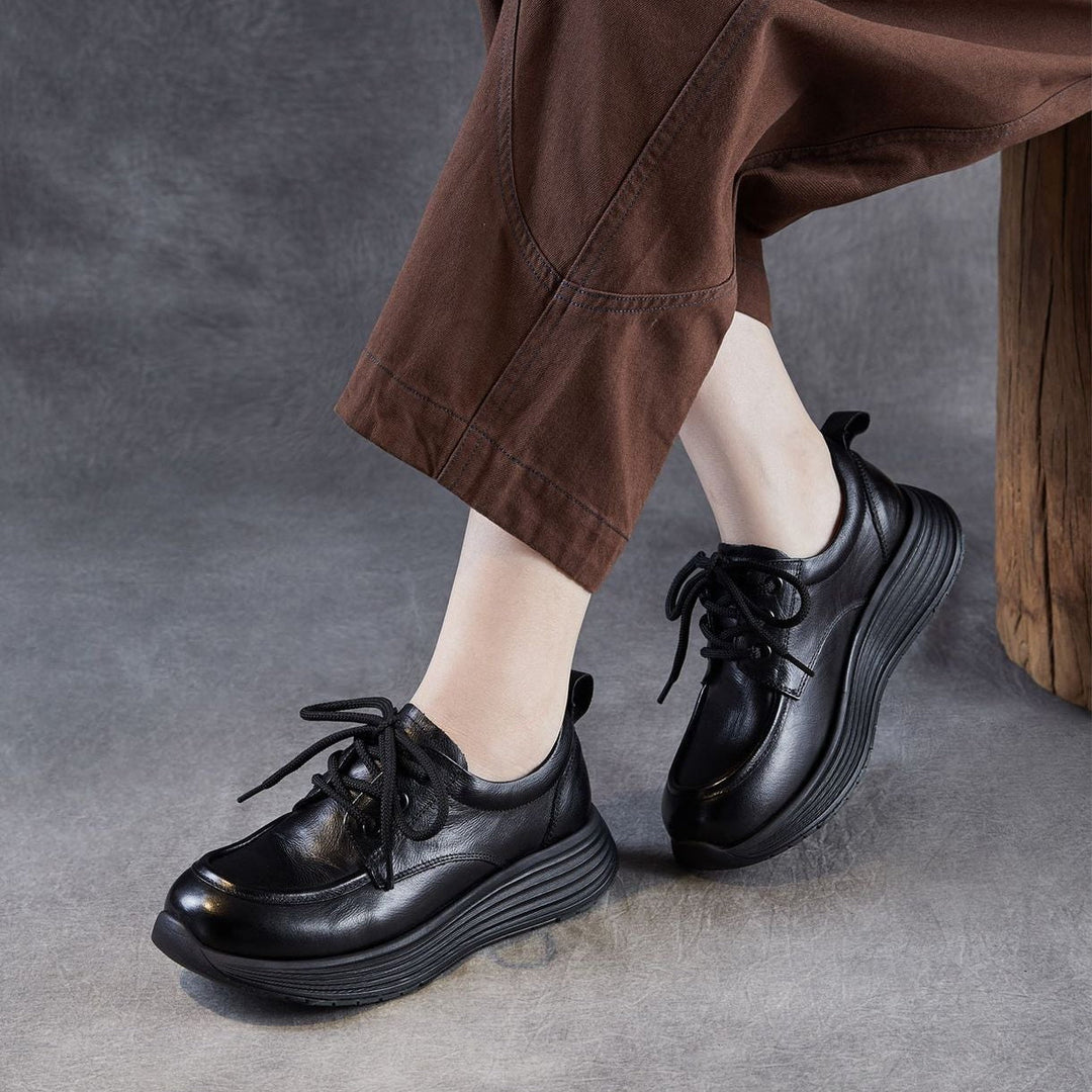 Women’s Leather Lace-Up Platform Wedge Shoes – Retro Non-Slip Casual Style
