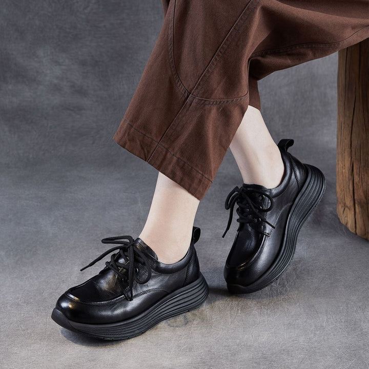 Women’s Leather Lace-Up Platform Wedge Shoes – Retro Non-Slip Casual Style