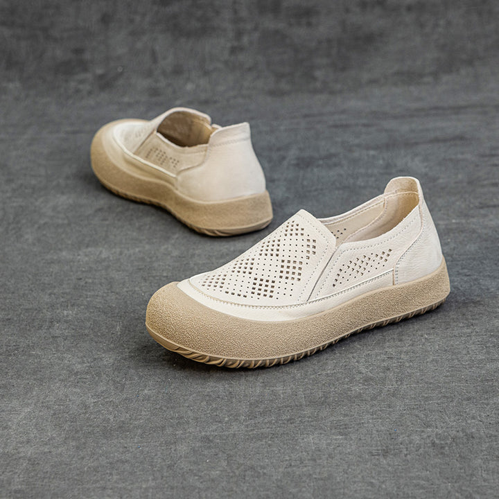 Womens Summer Perforated Leather Slip-on Loafers Breathable Platform Casual Walking Shoes
